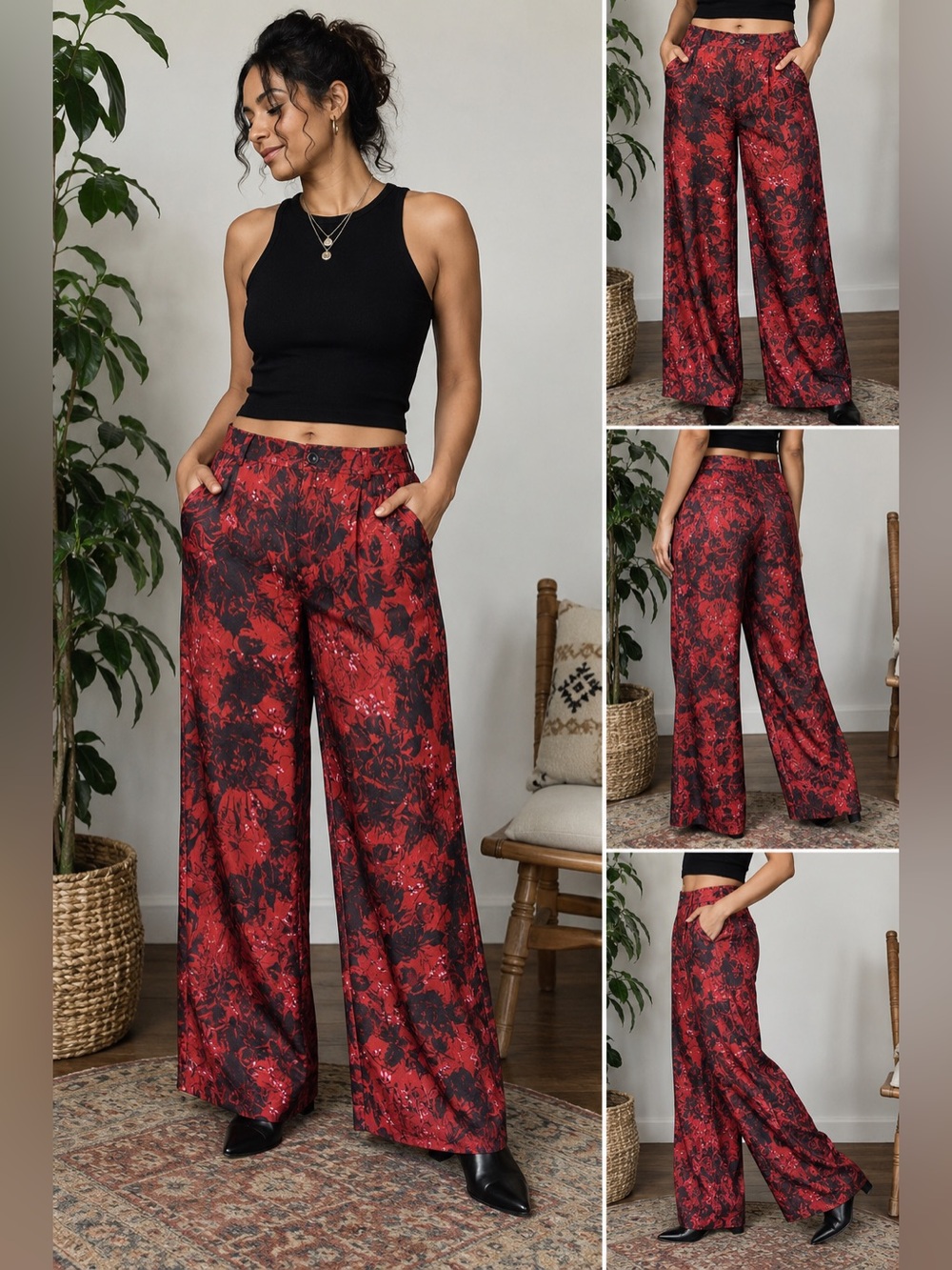 Anthropologie Floral Wide Leg Trousers Red Black Viscose Boho Pants 4
